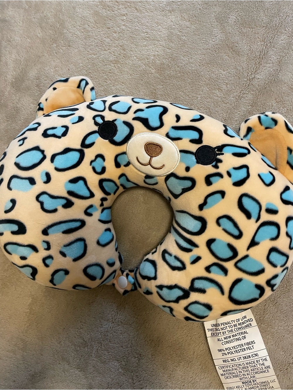 Kids Leopard-Print Plush Travel Neck Pillow - Blue & Cream Bear